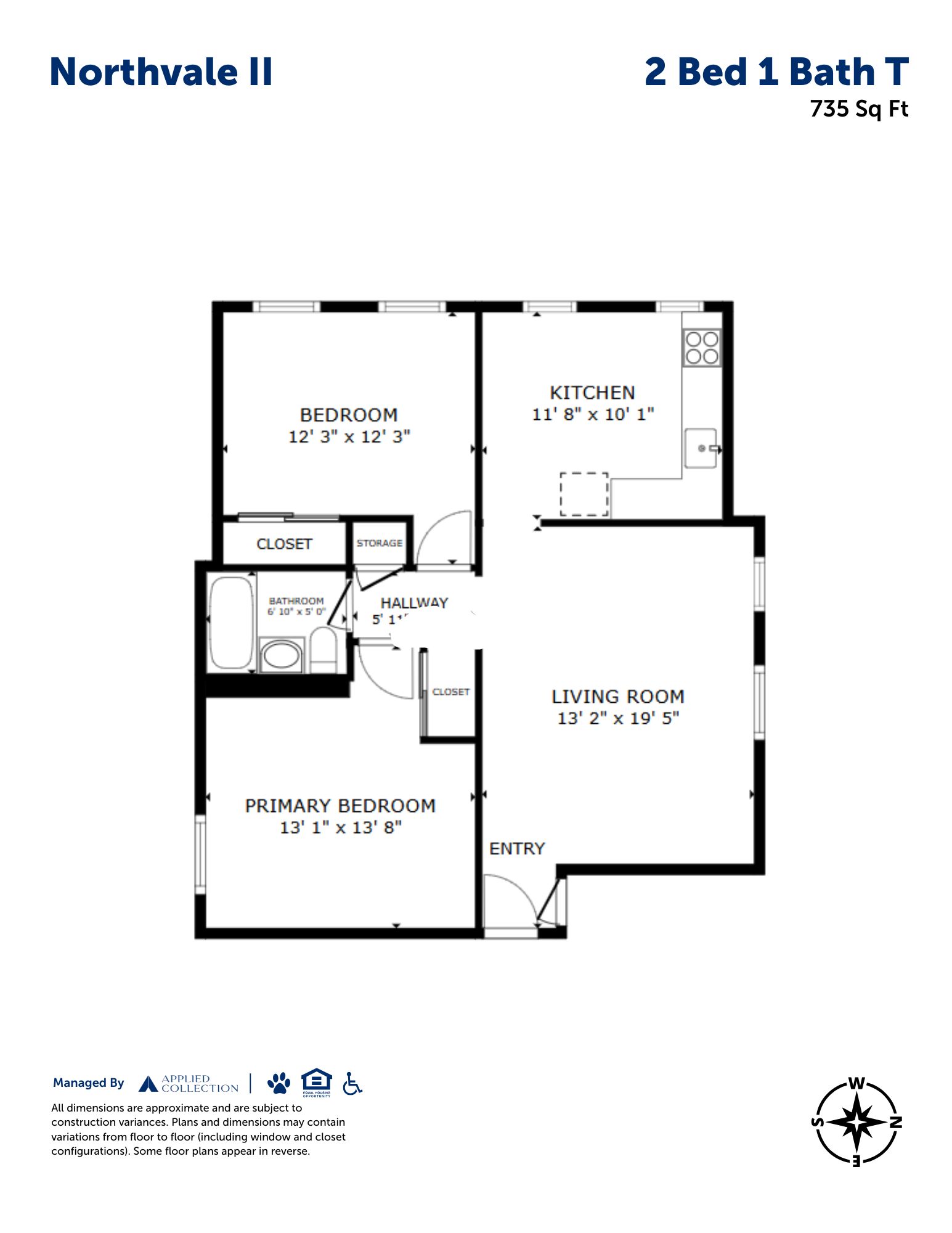 Floor plan for 2 beds, 1 bath, 735 sqft